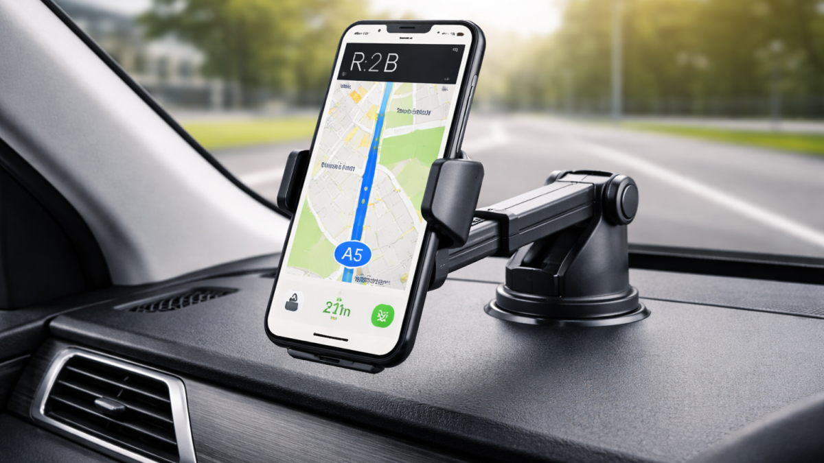 R2B telefoonhouder met elektrische zuignap bevestigd op het dashboard van een auto met smartphone