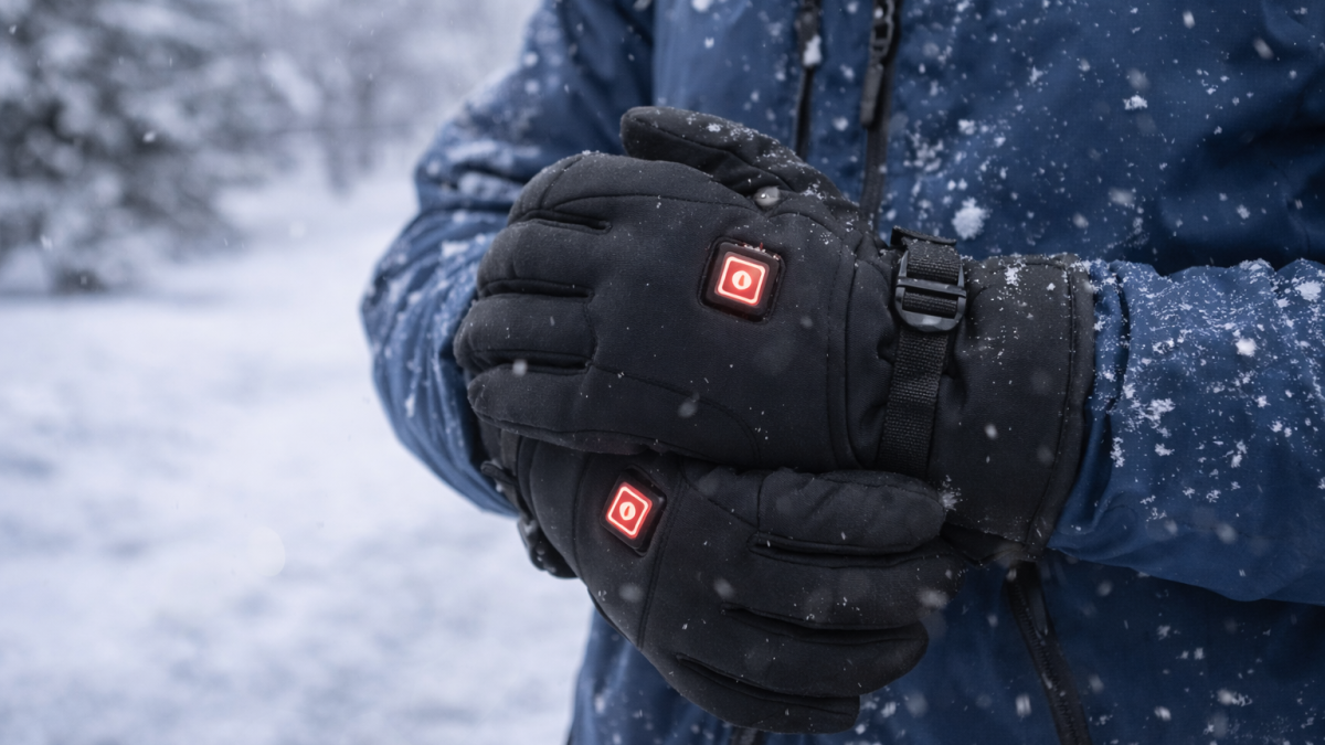 R2B verwarmde handschoenen gedragen tijdens winterse omstandigheden met vallende sneeuw