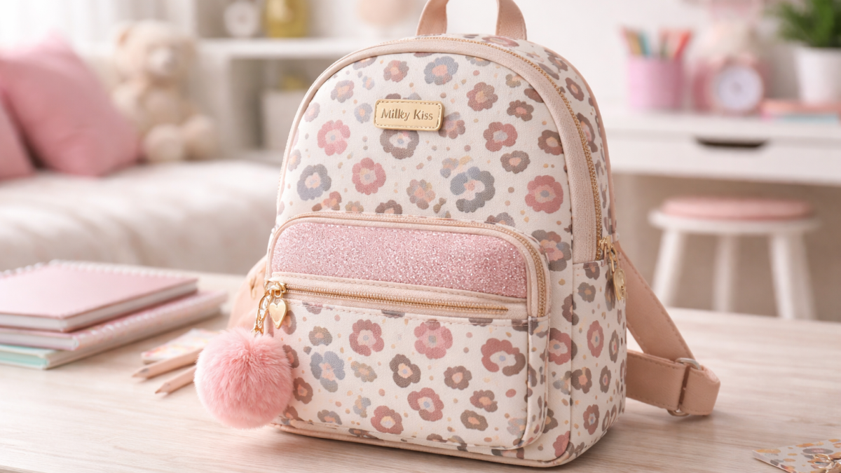 Milky Kiss Stay Cute rugzak met pastel panterprint en gouden ritsen in een lichte kinderkamer