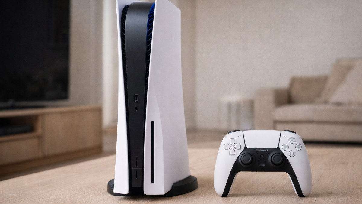 PlayStation 5 Slim Disc Edition met DualSense-controller in een moderne woonkamer