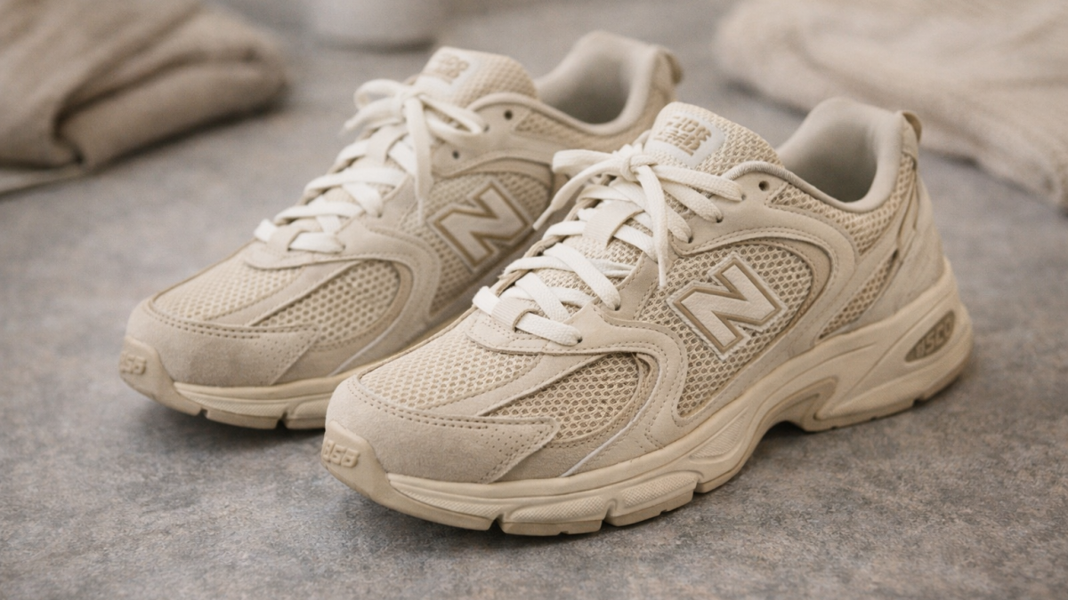 Beige New Balance MR530 sneakers met retro uitstraling en ademend mesh