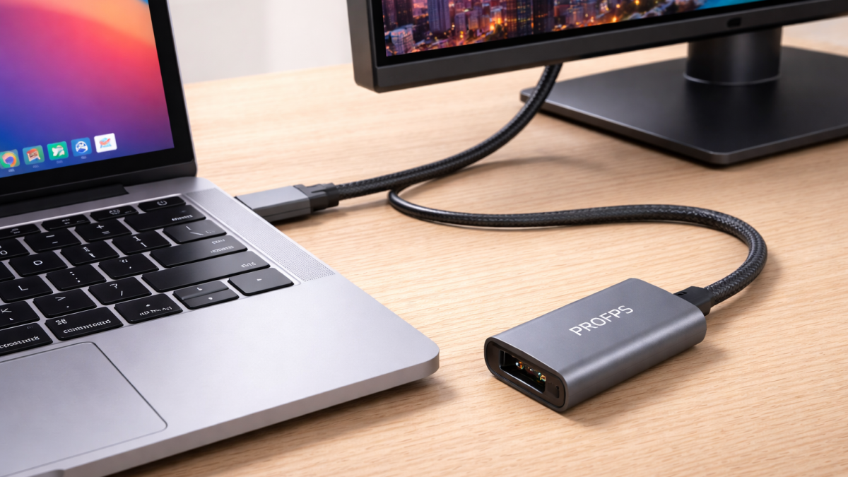 PROFPS USB-C naar HDMI adapter aangesloten op een laptop en extern beeldscherm