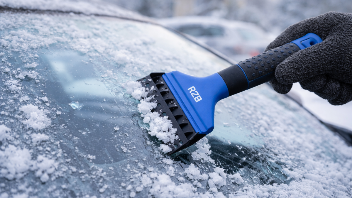 R2B ijskrabber met ijsbreker in gebruik op een bevroren autoruit tijdens een winterochtend