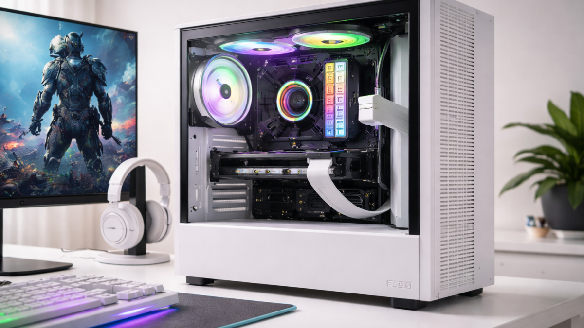Witte gaming pc met RGB-verlichting op een moderne gaming-desk