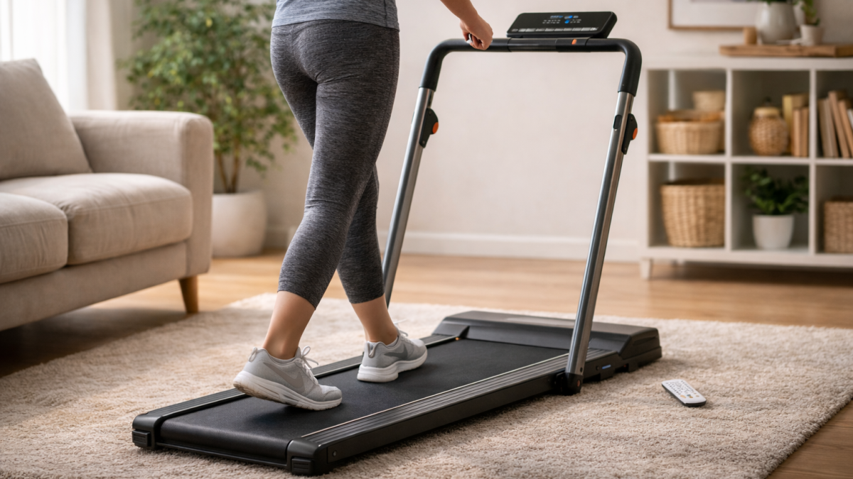Inklapbare elektrische loopband voor wandelen in een rustige woonkamer