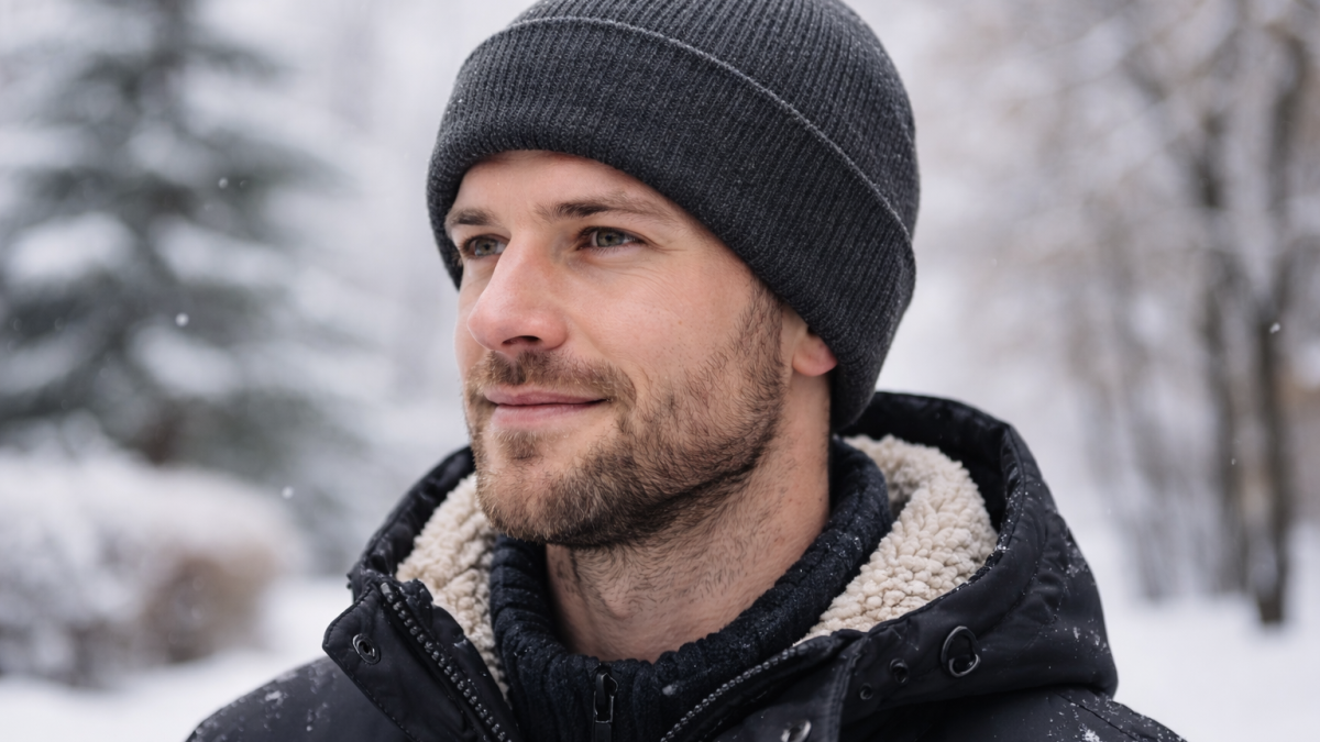 R2B wintermuts gedragen door een persoon tijdens een winterse dag in een besneeuwde omgeving