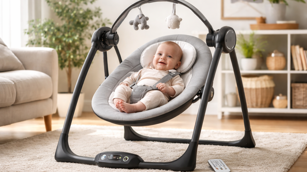 Baby ligt ontspannen in een elektrische babyswing in een rustige woonkamer