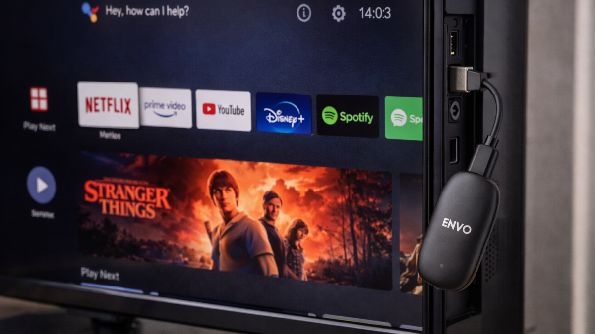 ENVO Android TV dongle aangesloten op een televisie voor het streamen van apps en video’s