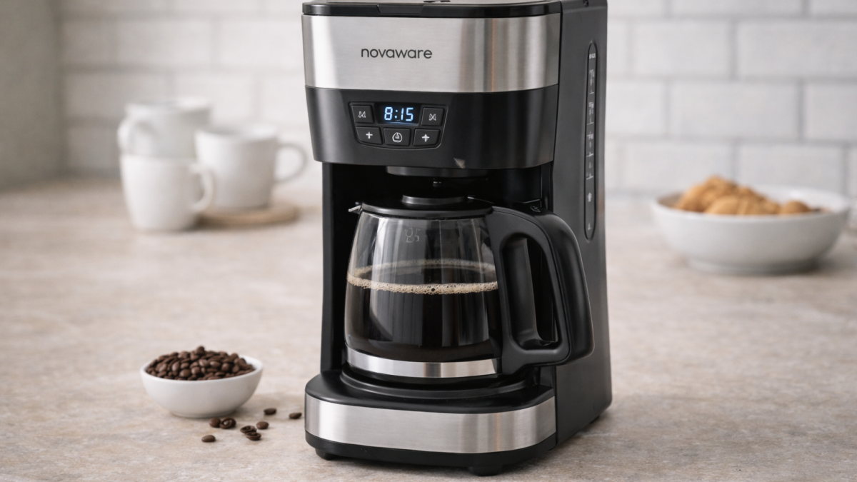 Novaware filterkoffiezetapparaat met glazen kan op een keukenaanrecht
