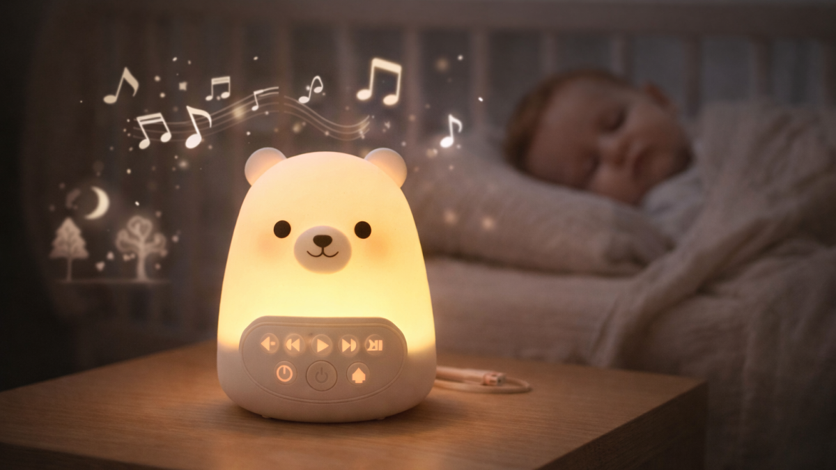 Zacht nachtlampje met white noise naast een slapende baby in de babykamer