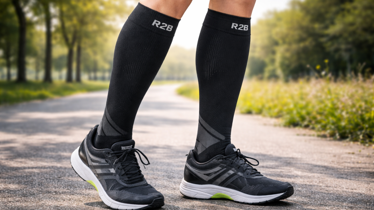 R2B sport compressiekousen gedragen tijdens hardlopen op een buitenpad