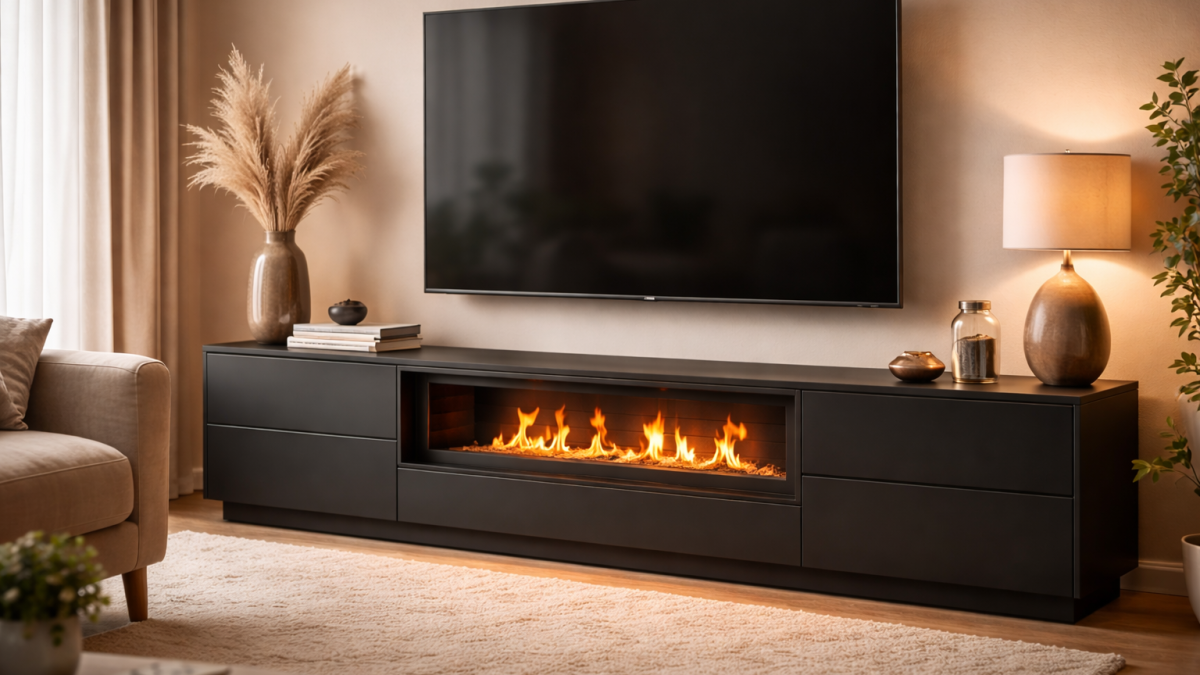 Modern tv-meubel met bio-ethanol sfeerhaard en echte vlammen in een warme woonkamer